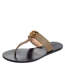 Pre Owned Gucci Brown Leather GG Marmont Thong Flats Size 38.5