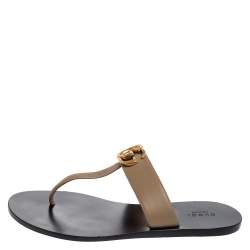 Pre Owned Gucci Brown Leather GG Marmont Thong Flats Size 38.5