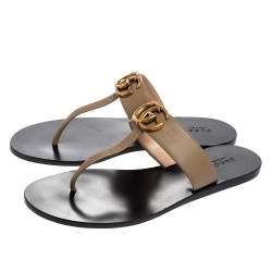 Pre Owned Gucci Brown Leather GG Marmont Thong Flats Size 38.5