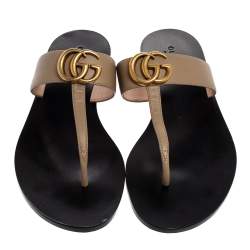 Pre Owned Gucci Brown Leather GG Marmont Thong Flats Size 38.5
