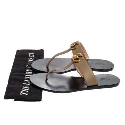 Pre Owned Gucci Brown Leather GG Marmont Thong Flats Size 38.5