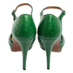Pre Owned Gucci Green Crocodile  Peep Toe  Platform Ankle Strap Pumps Size Size 38