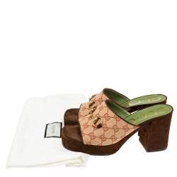 Pre Owned Gucci Brown/Beige GG Canvas And Suede Horsebit  Sandals  Size 38.5