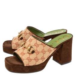 Pre Owned Gucci Brown/Beige GG Canvas And Suede Horsebit  Sandals  Size 38.5