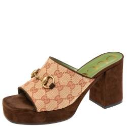 Pre Owned Gucci Brown/Beige GG Canvas And Suede Horsebit  Sandals  Size 38.5