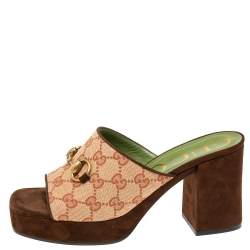 Pre Owned Gucci Brown/Beige GG Canvas And Suede Horsebit  Sandals  Size 38.5
