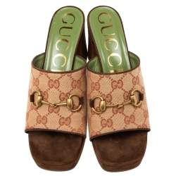 Pre Owned Gucci Brown/Beige GG Canvas And Suede Horsebit  Sandals  Size 38.5