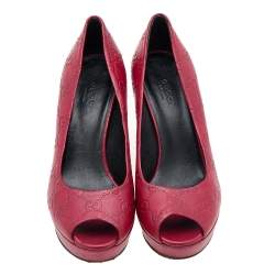 Gucci Red Guccissima Leather Peep Toe Platform Pumps Size 37.5