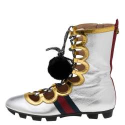 مملوكة مسبقًا حذاء رياضي غوتشي تيتان فرو منك وجلد ذهبي/فضي ميتاليك مرتفع من أعلى مقاس 39