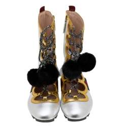 مملوكة مسبقًا حذاء  رياضي غوتشي تيتان فرو منك وجلد ذهبي/فضي ميتاليك مرتفع من أعلى مقاس 39