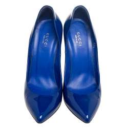 Pre Owned Gucci Royal Blue Patent Leather Pointed-Toe Pumps Size 37.5