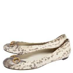 Pre Owned Gucci Grey/Cream Karung Leather Horsebit Ballet Flats Size 38