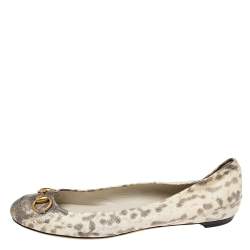 Pre Owned Gucci Grey/Cream Karung Leather Horsebit Ballet Flats Size 38