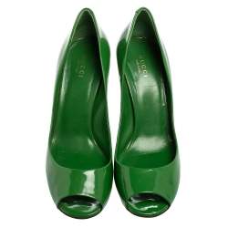 Pre Owned Gucci Green Patent Leather Peep Toe Pumps Size 38