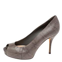 Gucci Grey Snakeskin Leather Peep-Toe Platform Pumps Size 38