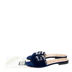 Gucci Blue Velvet Crystal G Slide Sandals Size 37.5