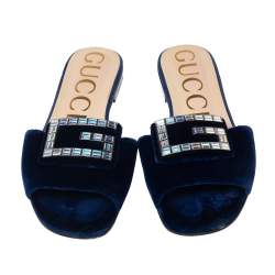Gucci Blue Velvet Crystal G Slide Sandals Size 37.5