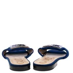 Gucci Blue Velvet Crystal G Slide Sandals Size 37.5