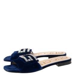 Gucci Blue Velvet Crystal G Slide Sandals Size 37.5