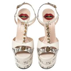 Pre Owned صندل غوتشي إنجل جلد وجلد ثعبان مائي بني / بيج مقدمة مفتوحة ونعل سميك ترصيع سبايك مقاس 36