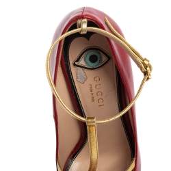 Pre Owned Gucci Red Leather Molina Lips Embroidered T-Strap Sandals Size 37.5