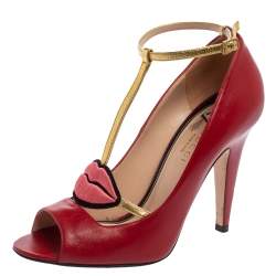 Pre Owned Gucci Red Leather Molina Lips Embroidered T-Strap Sandals Size 37.5