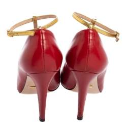 Pre Owned Gucci Red Leather Molina Lips Embroidered T-Strap Sandals Size 37.5