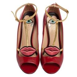 Pre Owned Gucci Red Leather Molina Lips Embroidered T-Strap Sandals Size 37.5