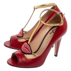 Pre Owned Gucci Red Leather Molina Lips Embroidered T-Strap Sandals Size 37.5