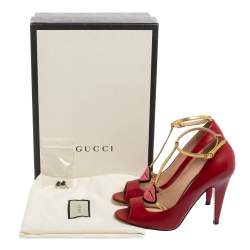 Pre Owned Gucci Red Leather Molina Lips Embroidered T-Strap Sandals Size 37.5