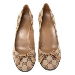 Pre Owned Gucci Brown/Beige GG Canvas  Bow Pumps Size 37.5