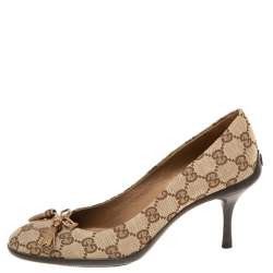 Pre Owned Gucci Brown/Beige GG Canvas  Bow Pumps Size 37.5