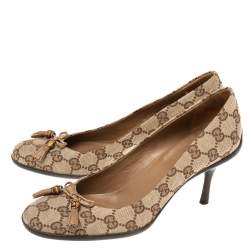Pre Owned Gucci Brown/Beige GG Canvas  Bow Pumps Size 37.5