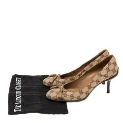 Pre Owned Gucci Brown/Beige GG Canvas  Bow Pumps Size 37.5