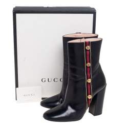Pre Owned Gucci Black Leather Embellished Web Detail Ankle Length Boots Size 41