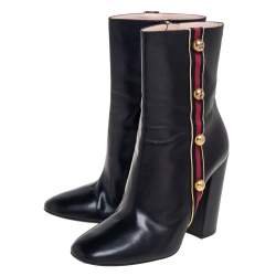 Pre Owned Gucci Black Leather Embellished Web Detail Ankle Length Boots Size 41
