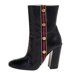 Pre Owned Gucci Black Leather Embellished Web Detail Ankle Length Boots Size 41