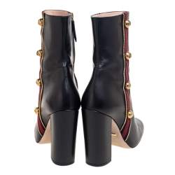 Pre Owned Gucci Black Leather Embellished Web Detail Ankle Length Boots Size 41