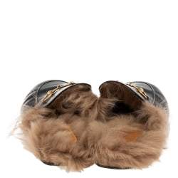 مملوكة مسبقًا حذاء فلات سلايد غوتشي برنس تاون هورسبيت فرو وجلد أسود مقاس 37.5