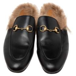 مملوكة مسبقًا حذاء فلات سلايد غوتشي برنس تاون هورسبيت فرو وجلد أسود مقاس 37.5