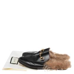 مملوكة مسبقًا حذاء فلات سلايد غوتشي برنس تاون هورسبيت فرو وجلد أسود مقاس 37.5