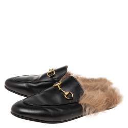 مملوكة مسبقًا حذاء فلات سلايد غوتشي برنس تاون هورسبيت فرو وجلد أسود مقاس 37.5