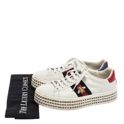 مملوكة مسبقًا Gucci White Leather And Bee Web Detail New Ace Crystal Embellished Platform Sneakers Size 36