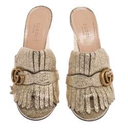 Pre Owned صندل سلايد غوتشي جلد مجعد ذهبي جي جي مارمونت بشراشيب مقاس 39