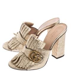 Pre Owned صندل سلايد غوتشي جلد مجعد ذهبي جي جي مارمونت بشراشيب مقاس 39