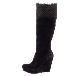 Pre Owned Gucci Black Microguccissima Suede Knee Length Boots Size 37.5