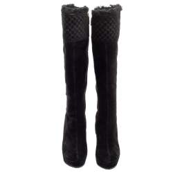 Pre Owned Gucci Black Microguccissima Suede Knee Length Boots Size 37.5