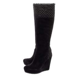Pre Owned Gucci Black Microguccissima Suede Knee Length Boots Size 37.5