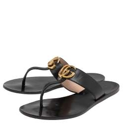 Pre Owned Gucci Black Leather GG Marmont Flat Thong Sandals Size 35.5