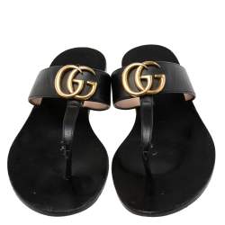 Pre Owned Gucci Black Leather GG Marmont Flat Thong Sandals Size 35.5